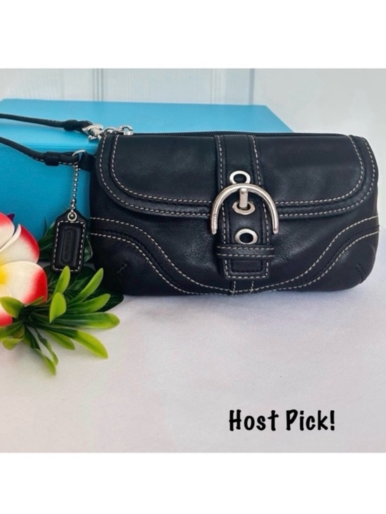 Coach Handbags - #69 COACH ~ Black Leather Wristlet Off White Contrast Stitching Silver Hardware
